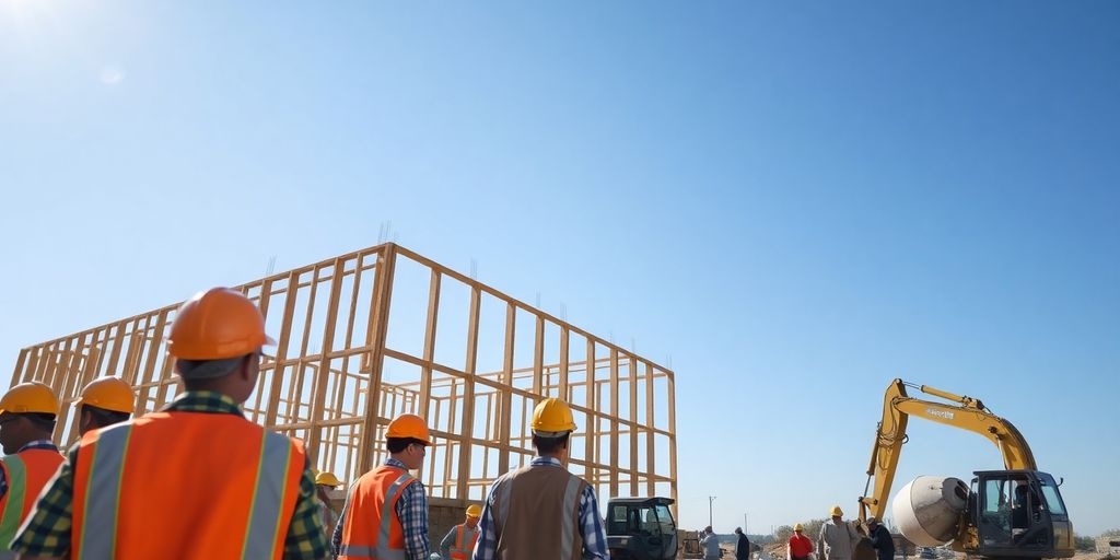 Construction site with workers and equipment.