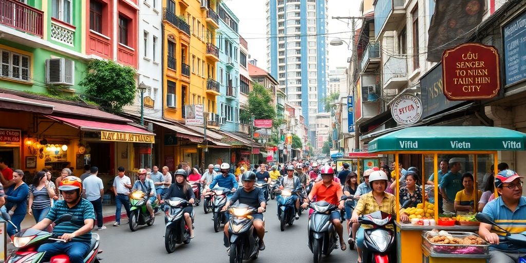Vibrant street scene in Ho Chi Minh City with expats.