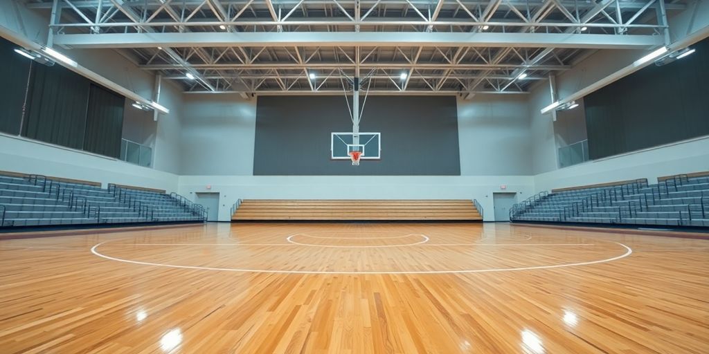 Sports hall basketball court, new lighting, polished floor.