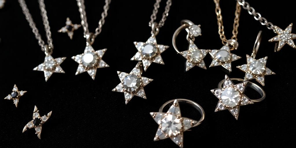 Star jewelry glittering on a dark surface.