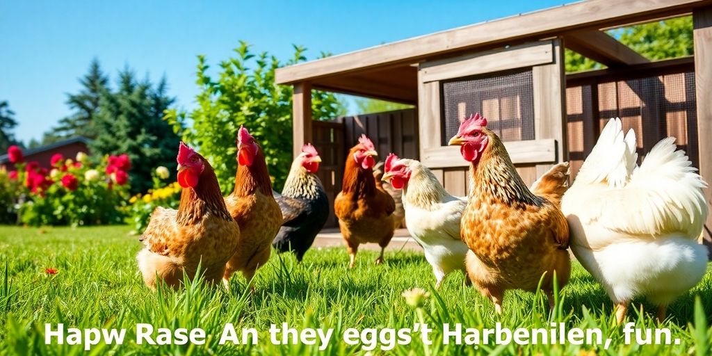 Chickens in a sunny backyard with flowers and grass.