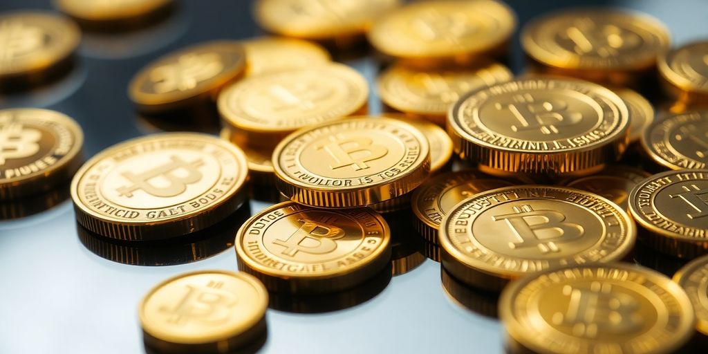 Mottes et pièces d'or brillantes sur une surface réfléchissante.