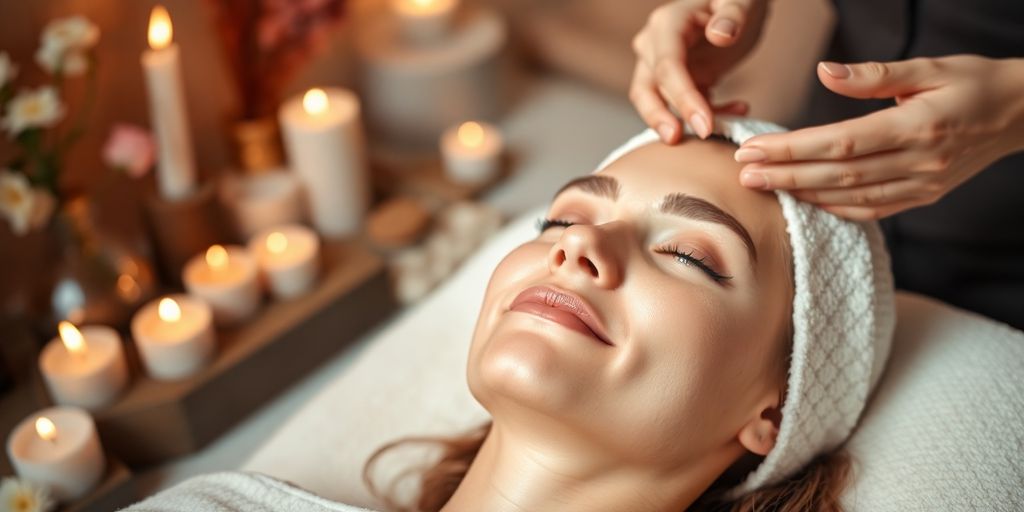 Woman receiving facial treatment in a peaceful spa.