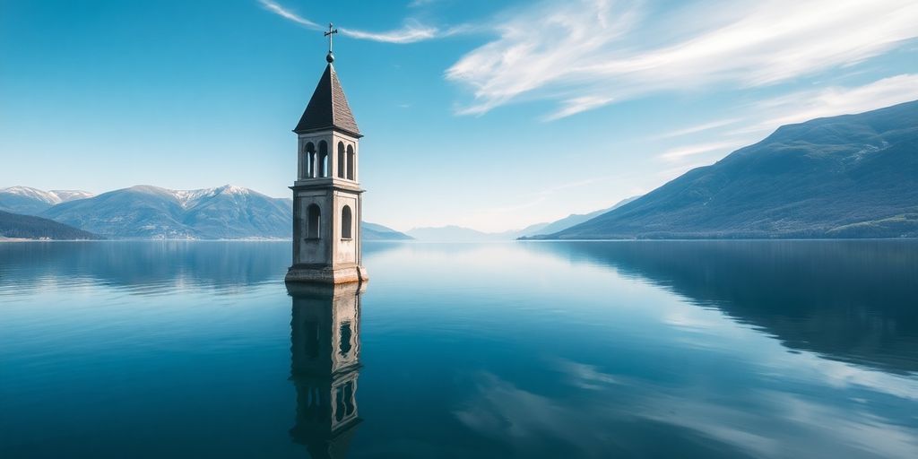 Kirchturm ragt aus dem Reschensee