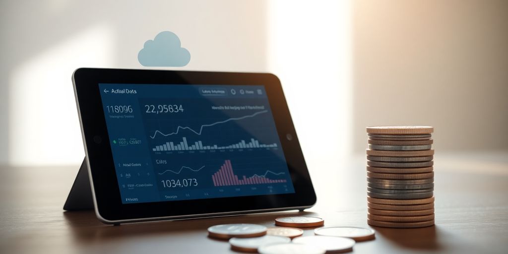 Digital tablet, medical data, financial growth, secure cloud storage.