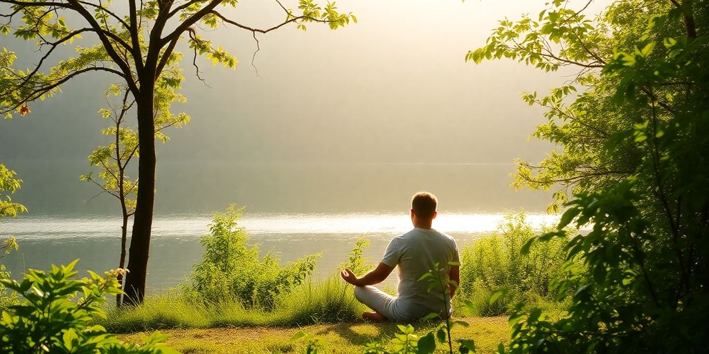 Person meditating peacefully outdoors.