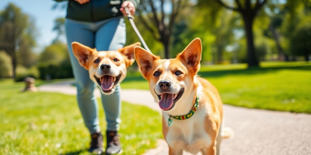 Happy dog leashed by groomer outdoors.