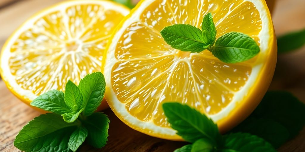 Fresh lemon half with mint leaves on wooden table.
