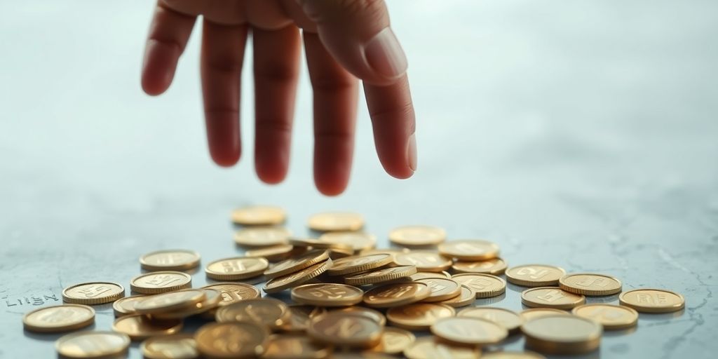 Pièces d'or perdues sur une surface, main inquiète.