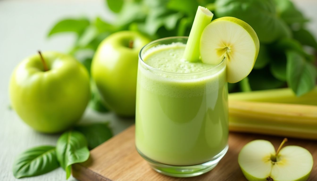 Green Apple Celery Smoothie with fresh ingredients around it.