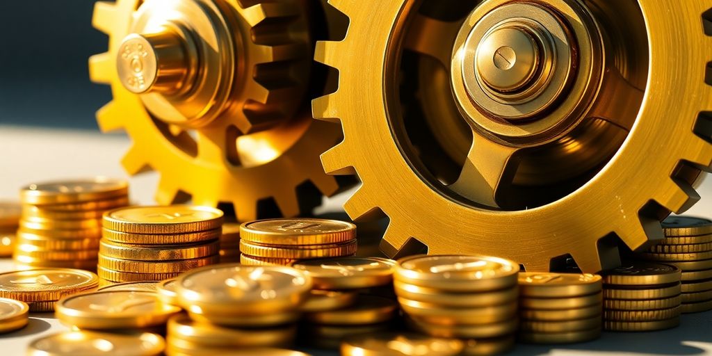 Bright gears turning, coins stacked high