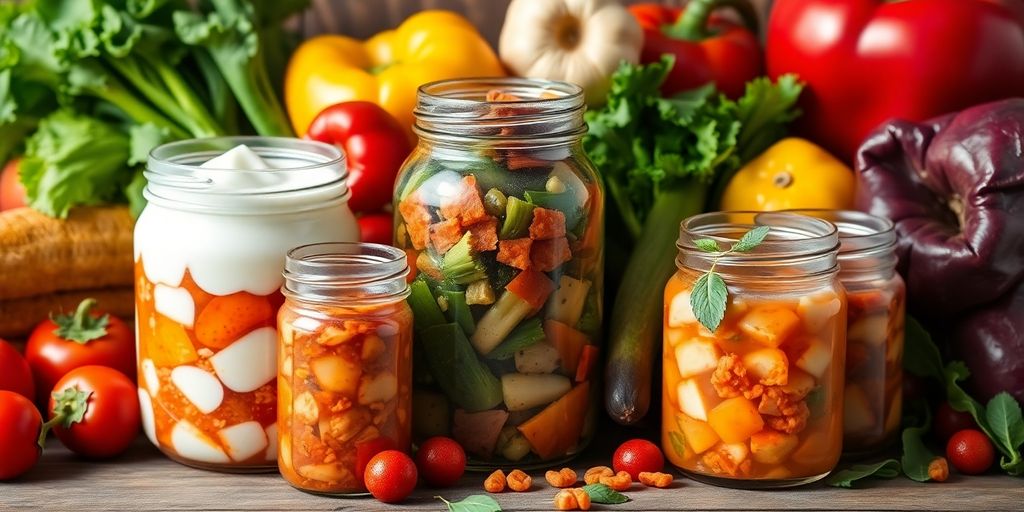 Colorful fruits, vegetables, and jars of fermented foods.