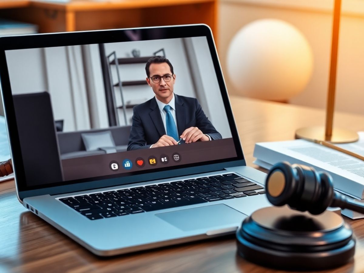 Birou cu laptop și expert juridic în apel video.