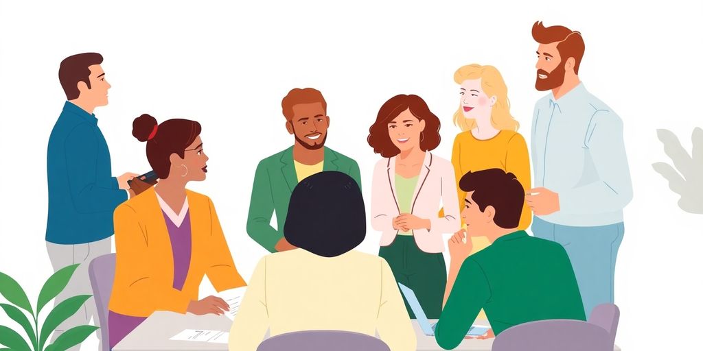 Illustrasjon av samarbeid og arbeidsrettigheter i et kontor.