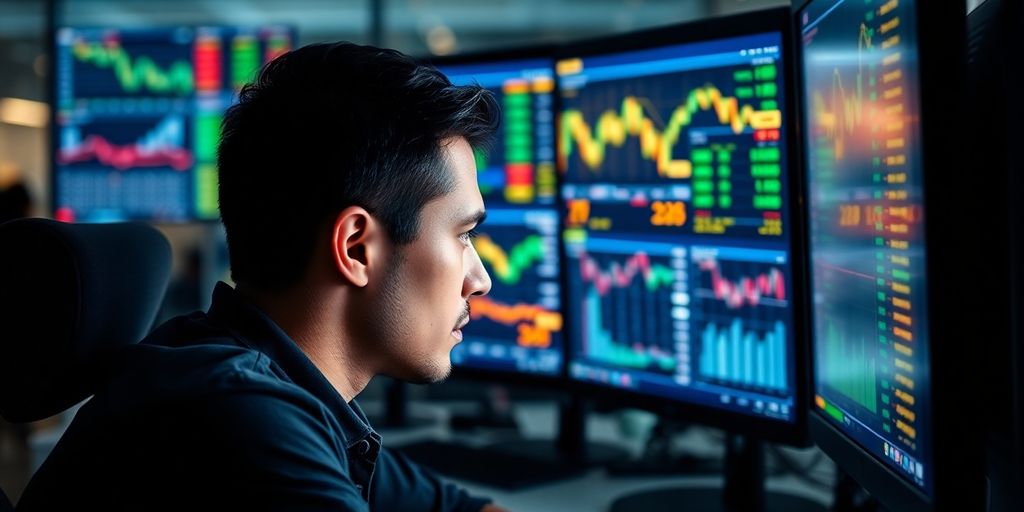 Trader watching multiple computer screens