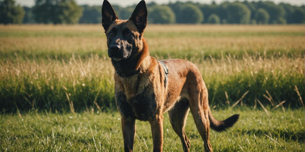 Alert Belgian Malinois in a grassy field.