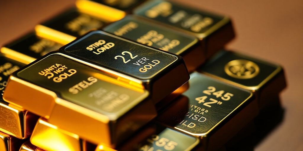 Barres d'or empilées sur un fond flou.
