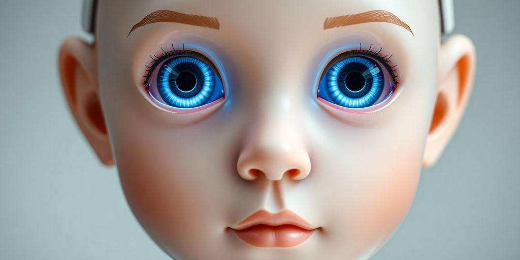 A child robot's face with large, blue eyes.