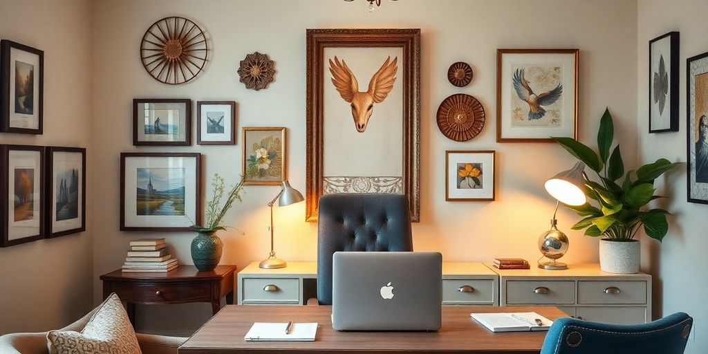 Stylish home office with unique Kirklands wall decor.
