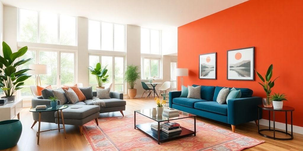 Modern remodeled living space with bright decor and furniture.