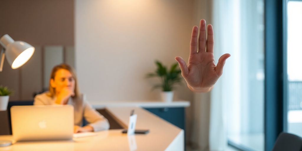 Person working calmly, another person signaling a boundary.