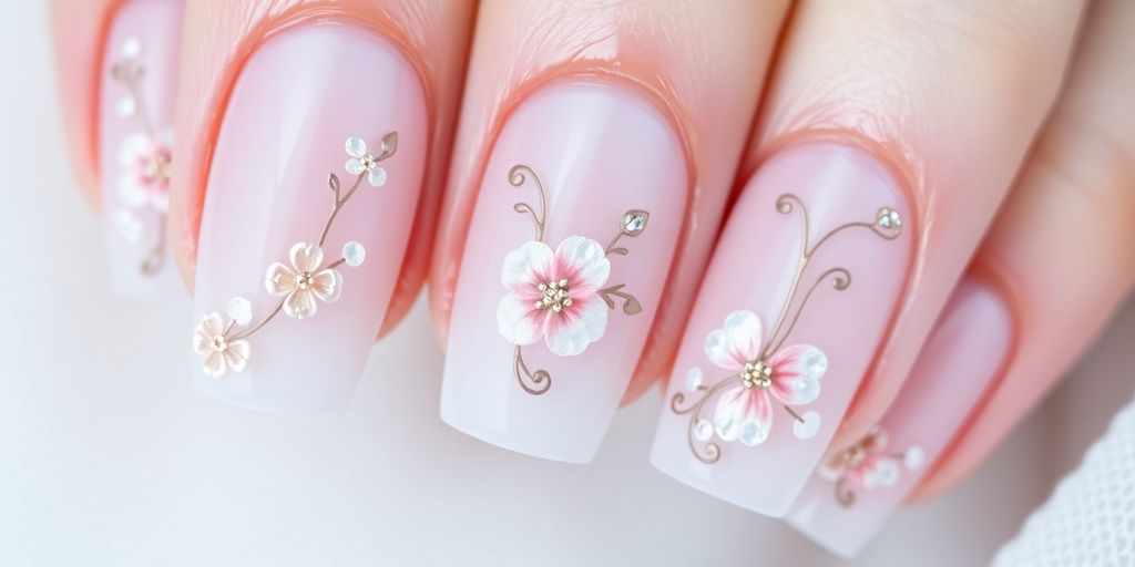 Unhas de gel decoradas em cores claras