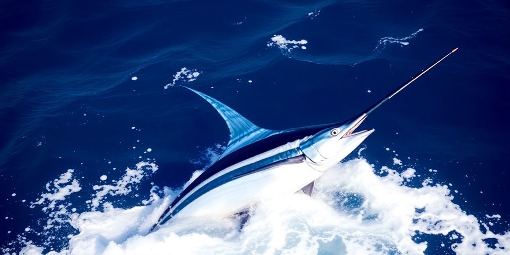 Giant marlin leaps from blue water near Cabo.