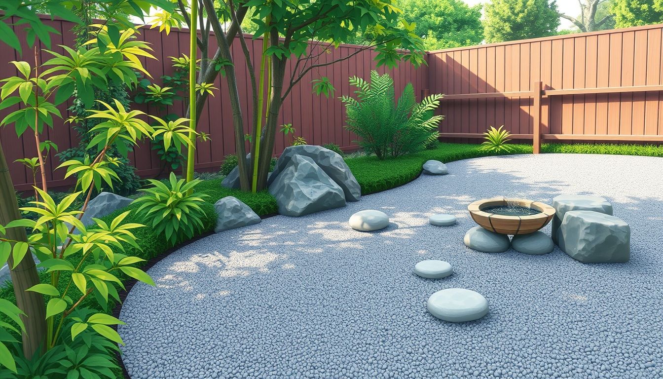 Serene zen garden with raked gravel and bamboo fountain