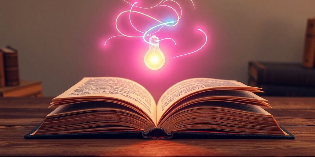 Glowing lightbulb above open book with swirling lines.