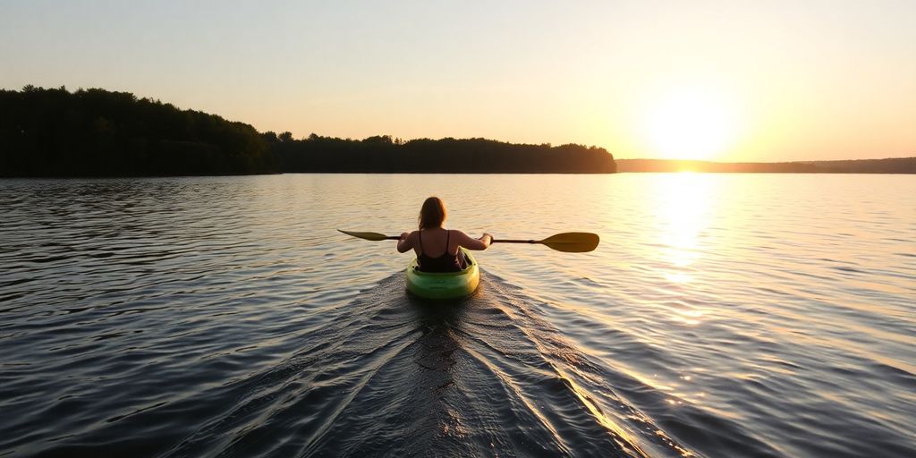 Kayaker paddling on a calm lake at sunset.