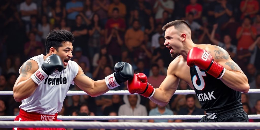 YouTube vs TikTok boxing match with energetic fighters in action.