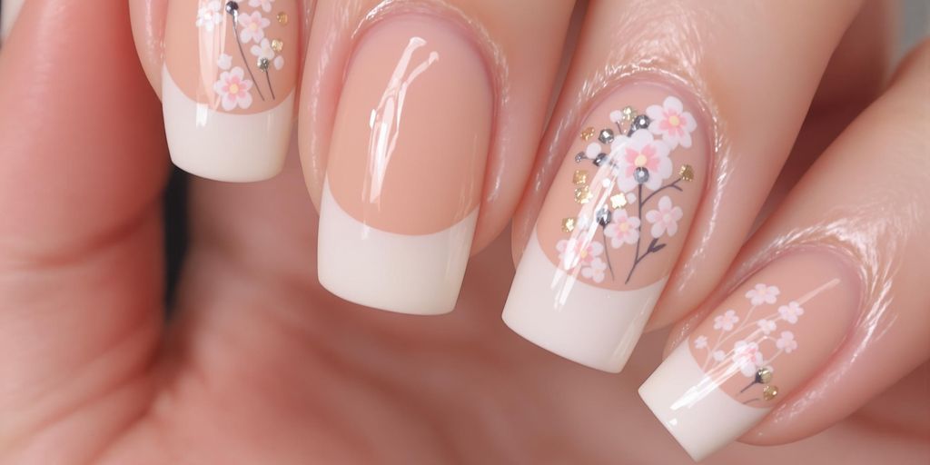 Unhas decoradas em pêssego com detalhes elegantes.