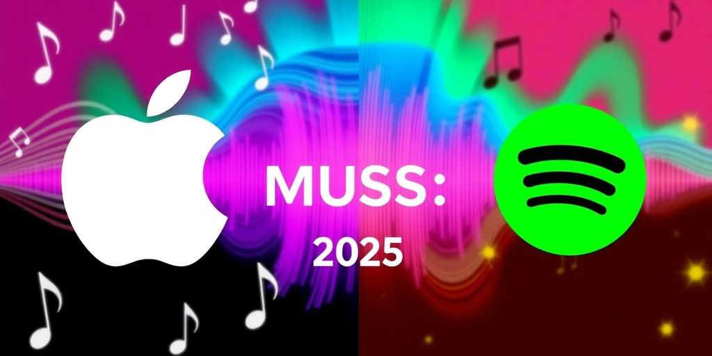 Apple Music and Spotify logos with musical notes and waves.