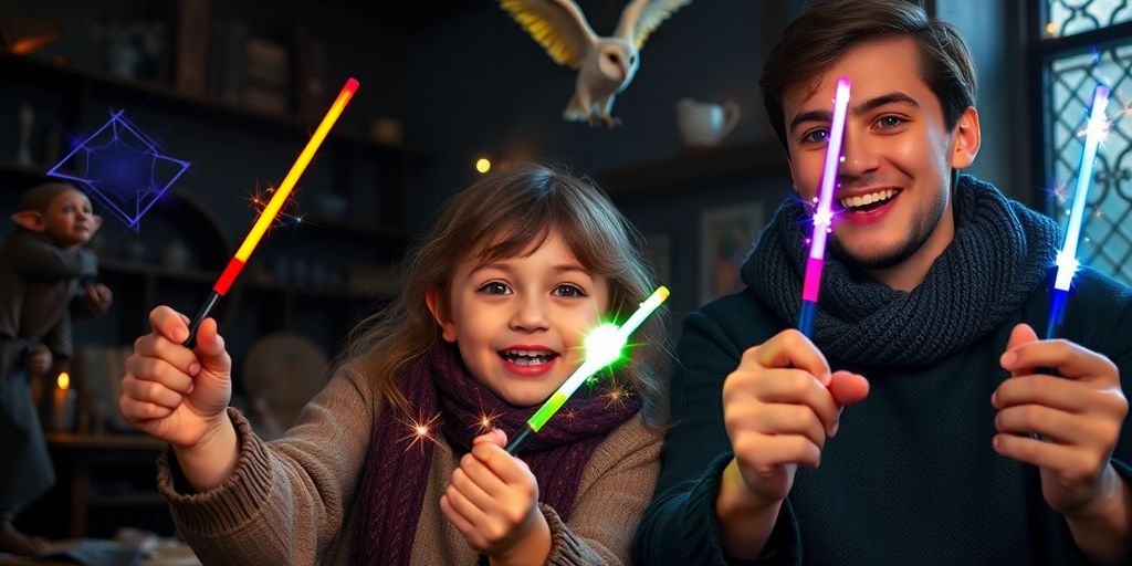 Excited wizarding fans, wands, spells, magical creatures.