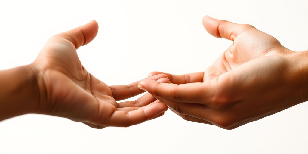 Two hands, one offering, one receiving, on a light background.