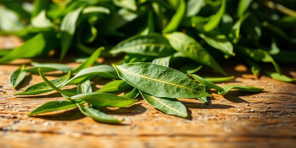 Green tea leaves on wooden background.