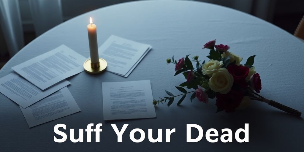 Papierkram und Blumen auf einem Tisch nach einem Todesfall.