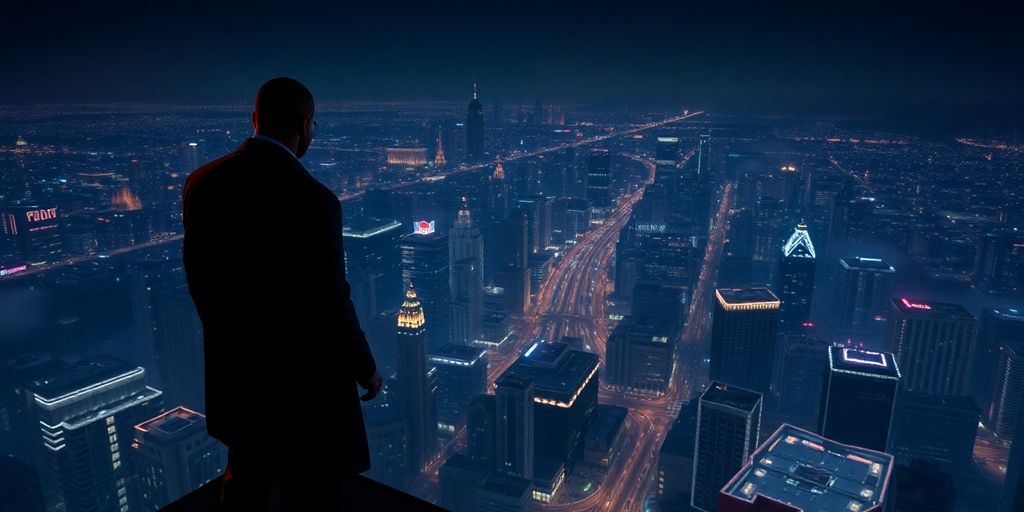 Mafia boss overlooking city skyline.