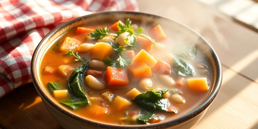 Minestrone ticinese, fumante, con verdure fresche