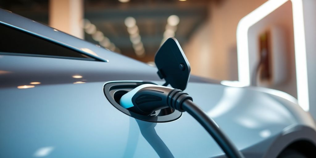 An electric car charging at a station.