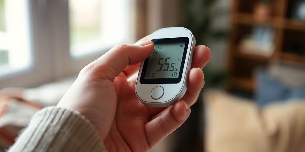 Person checking blood sugar monitor.