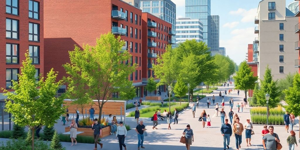 Colorful urban landscape with people and green spaces.