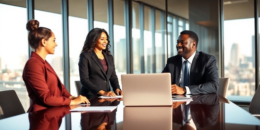 Diverse business team collaborating around conference table with city view