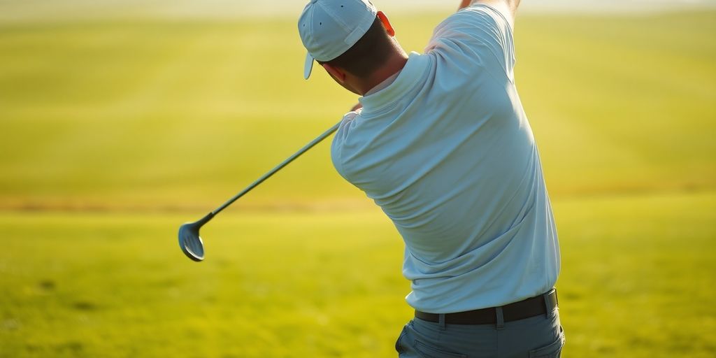Beginner golfer swinging a club at a sunny driving range.