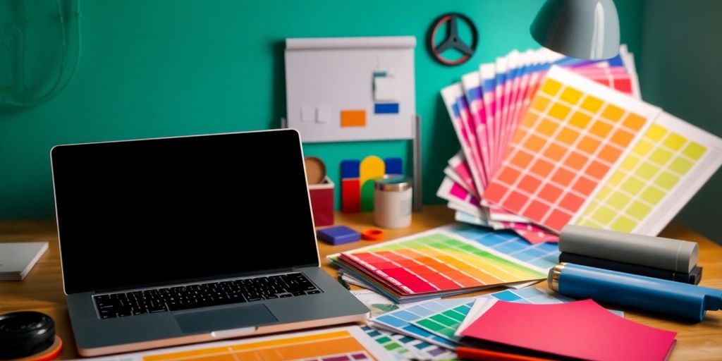 Vibrant workspace with laptop and design tools.