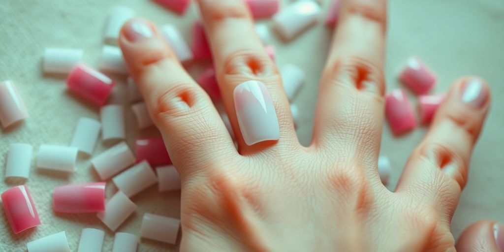 Hand with mismatched press-on nails displayed nearby.