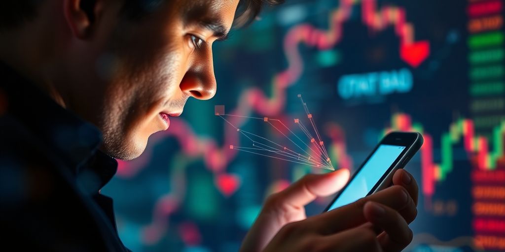 Person interacting with a trading bot on a mobile device.