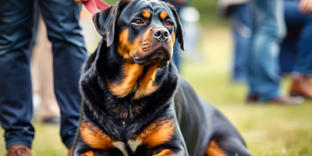 A Rottweiler calmly sitting next to its owner.