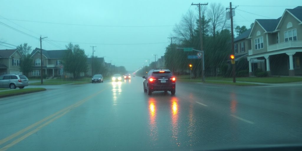 Rainy Kennesaw road with a car driving cautiously.