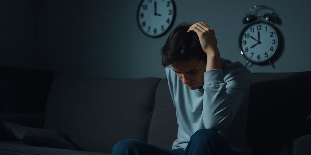 Person holding head in distress, dimly lit room.